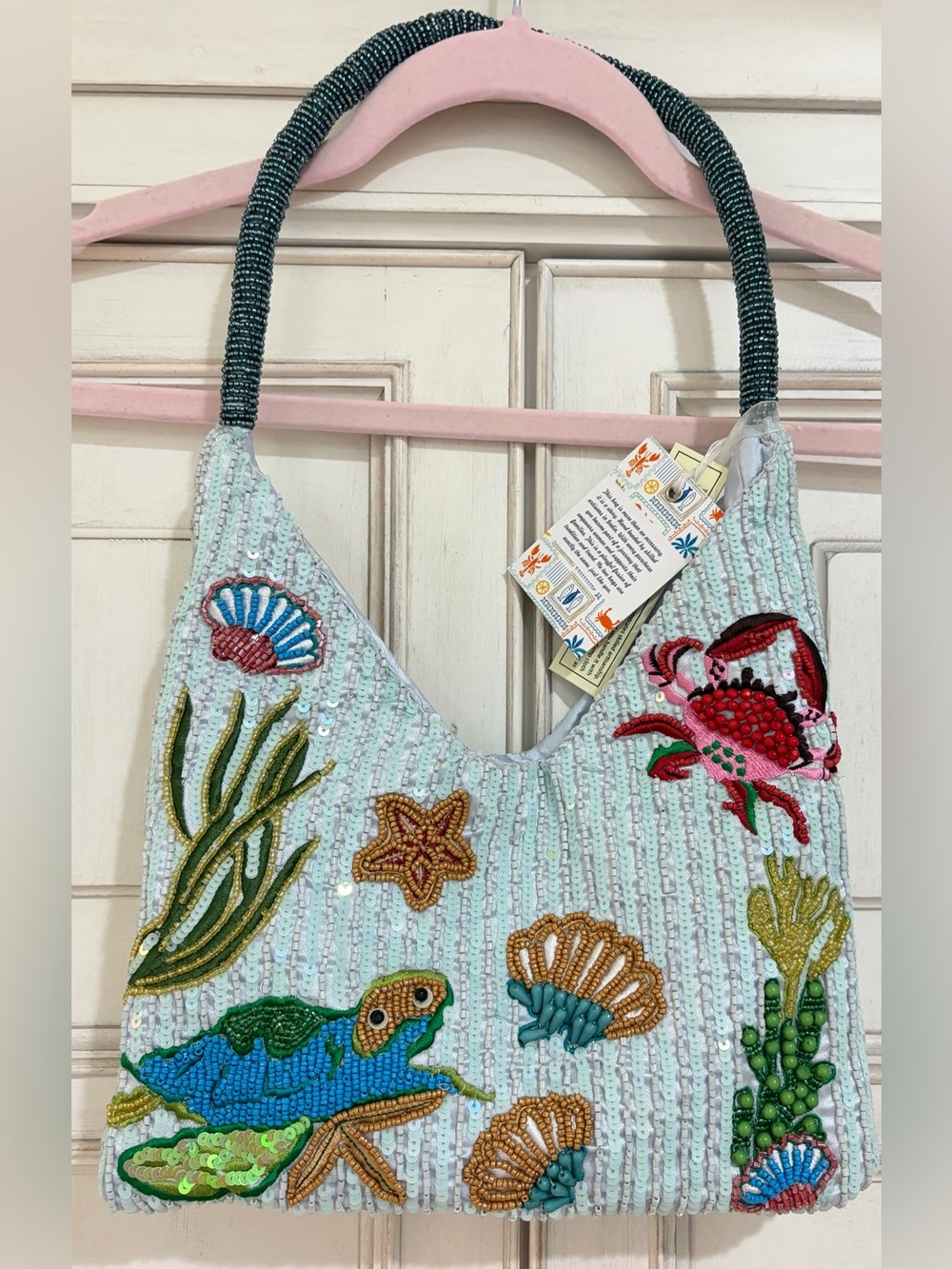 NWT Made in India Beaded Ocean Tote Handbag with Turtle & Shell Motif - Aqua